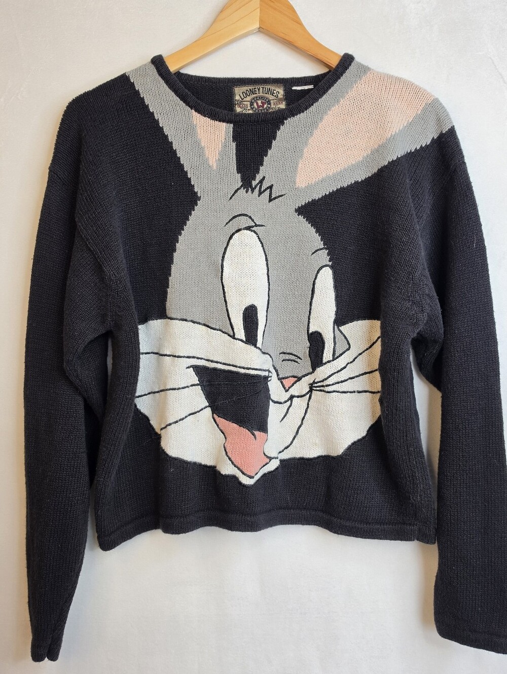 Vintage Looney Tunes Blues Bugs Bunny Knit Crewneck Sweater Gray Black Sz L